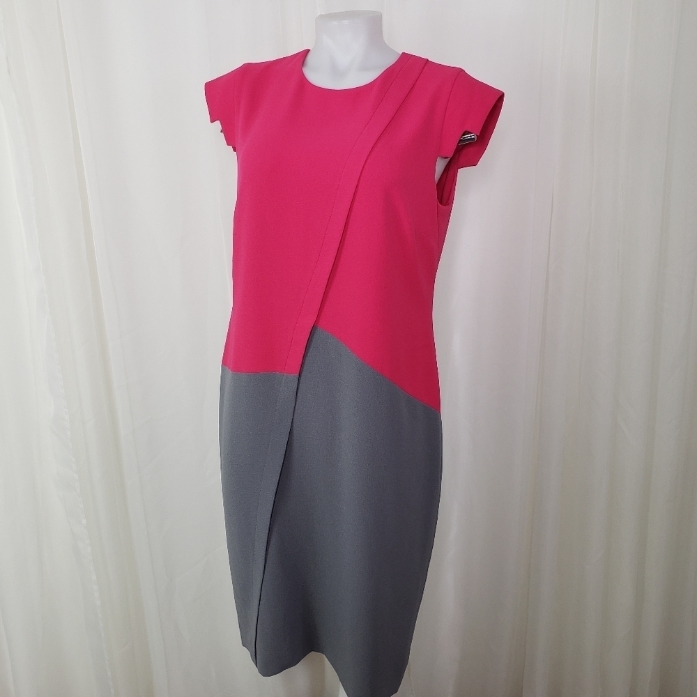 Eliane Stoleru Israel unique pink gray sheath dress colorblock step sleeves 10
